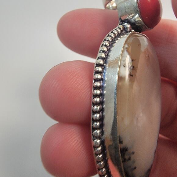 Necklace Pendants Dendritic Agate Red Coral Handmade Jewelry in Silver Setting - Picture 8 of 10
